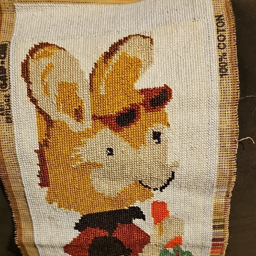 VINTAGE handmade Tapestry Rabbit Embroidery Baby Room Needlepoint Bunny Decor